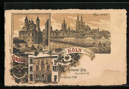 Lithographie Köln a. Rhein, Blick auf den Dom, Restaurant Comp, Neumarkt 16, Wappen