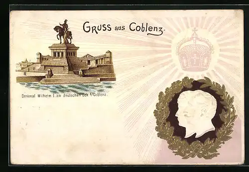 Lithographie Coblenz, Blick auf das Denkmal Wilhelm I. am deutschen Eck