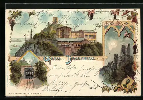 Lithographie Drachenfels bei Königswinter, Blick auf die Burgruine, Gasthof, Eisenbahn