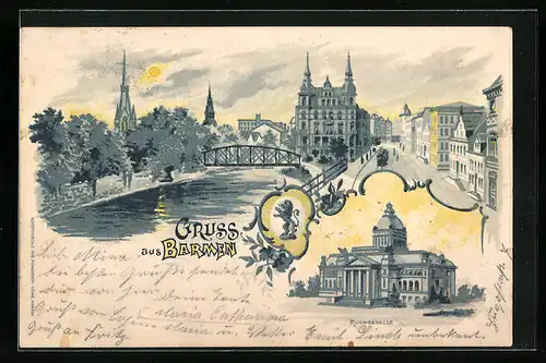 Lithographie Barmen, Ortspartie mit Brücke und Strassenbahn, Ruhmeshalle