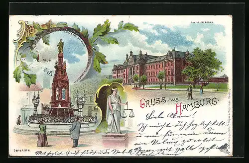 Lithographie Hamburg-Neustadt, Partie vor dem Justizgebäude, Glitzer