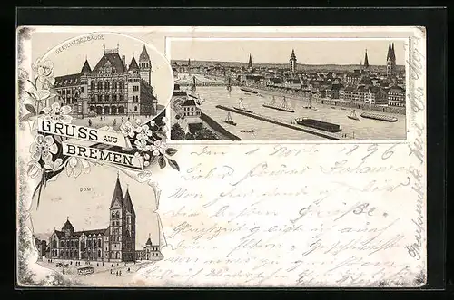 Lithographie Bremen, Uferpartie mit Segelschiffen, Gerichtsgebäude