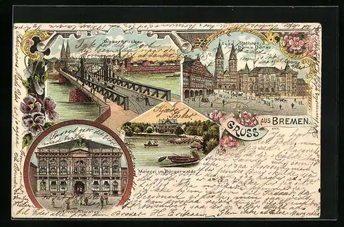 Lithographie Bremen, Partie an der Weserbrücke, Rathaus, Dom