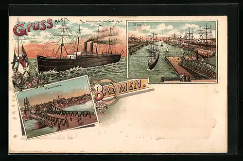 Lithographie Bremen, Freihafen, Weserbrücke, Schnelldampfer des Nordd. Lloyd