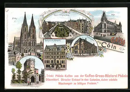 Lithographie Köln, Dom, Rathaus am Altmarkt, Severinstor