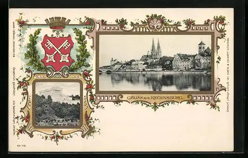 AK Regensburg, Uferpartie mit Kirche, Walhalla, Wappen