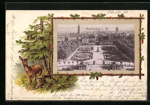 Präge-AK Karlsruhe i. B., Blick vom Schloss mit Denkmal, Passepartout