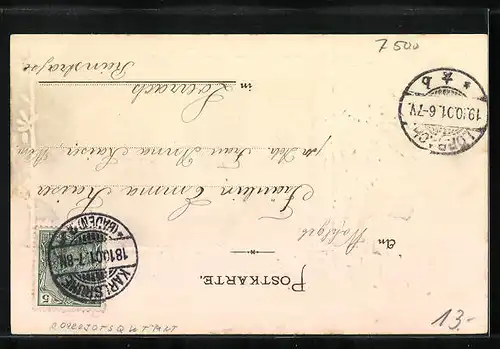 Präge-AK Karlsruhe i. B., Blick vom Schloss mit Denkmal, Passepartout