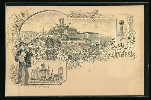 Lithographie Königswinter, Ruine u. Hotel Drachenfels, Drachenburg