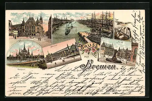 Lithographie Bremen, Gerichtsgebäude, Bahnhof, Freihafen