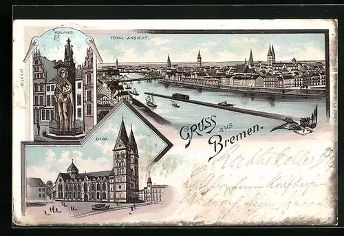 Lithographie Bremen, Totalansicht, Dom, Roland