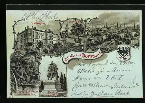 Lithographie Dortmund, Oberbergamt, Partie a. d. Anlagen der Kronenburg, Denkmal Kaiser Wilhlem I.