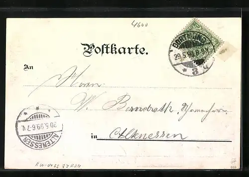 Lithographie Dortmund, Oberbergamt, Partie a. d. Anlagen der Kronenburg, Denkmal Kaiser Wilhlem I.