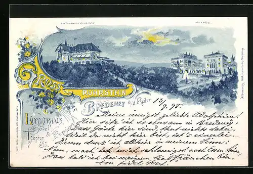 Lithographie Bredeney a. d. Ruhr, Kurhaus Ruhrstein und Villa Hügel bei Mondschein