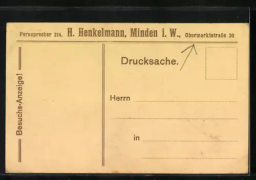 AK Minden i. W., H. Henkelmann, Obermarktstrasse 30, Besuchsanzeige