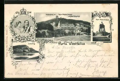 AK Porta Westfalica, Wittekindsberg mit Kaiser-Wilhelm-Denkmal und Hotel Kaiserhof, Jacobsberg, Kaiserpaar