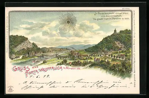 Sonnenschein-Lithographie Porta Westfalica b. Minden, Panorama mit Denkmal
