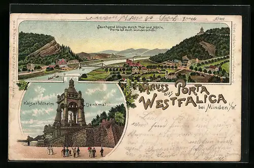 Lithographie Porta Westfalica bei Minden, Panorama mit Kaiser Wilhelm-Denkmal