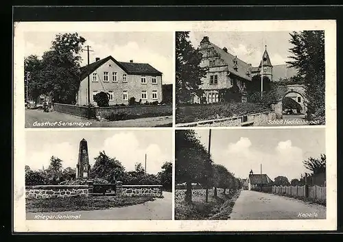 AK Haddenhausen, Gasthof Sensmeyer, Schloss, Kriegerdenkmal und Kapelle