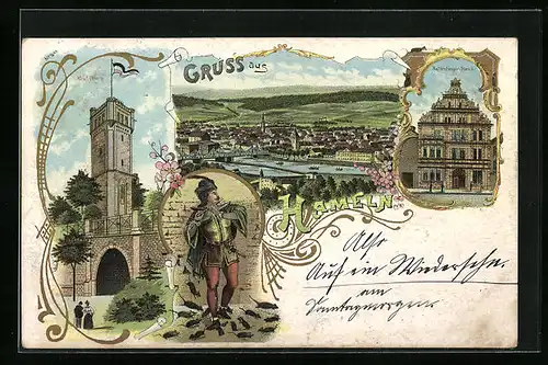 Lithographie Hameln, Ortsansicht, Rattenfänger-Haus und Klütturm