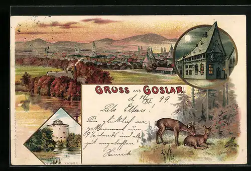 Lithographie Goslar, Ortsansicht mit Zwinger und Brusttuch