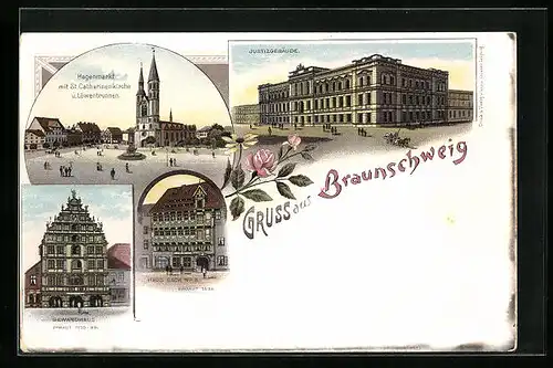 Lithographie Braunschweig, Justizgebäude, Hgenmarkt mit St. Catharinenkirche und Löwenbrunnen