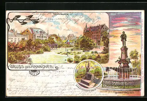 Lithographie Hannover, Theaterplatz, Ebhardt-Brunnen und das geöffnete Grab