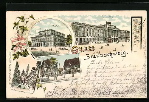 Lithographie Braunschweig, Theater, Residenzschloss, Burgplatz und Weberstrasse mit Andreaskirche