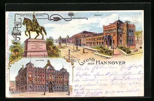 Lithographie Hannover, Bahnhof, Ernst-August-Denkmal, Hauptpost
