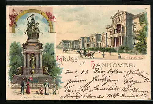 Lithographie Hannover, Am Schiffgraben und Krieger-Denkmal