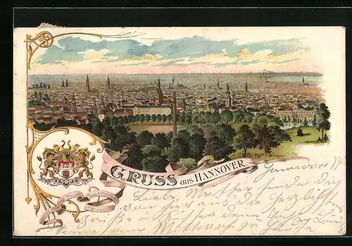 Lithographie Hannover, Ortsansicht aus der Vogelschau