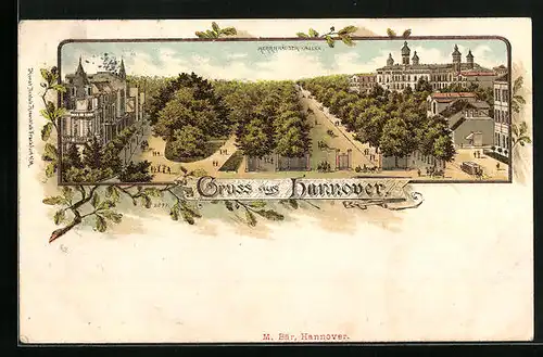 Lithographie Hannover, Herrnhauser-Allee mit Passanten