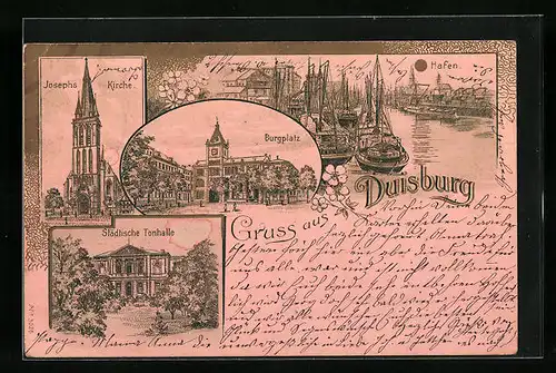 Lithographie Duisburg, Hafen, Burgplatz, Josephskirche, Städtische Tonhalle