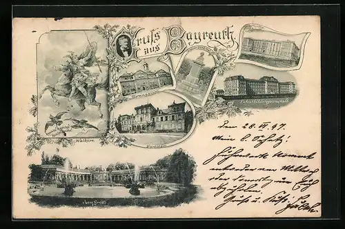 Lithographie Bayreuth, Gymnasium, Lehrerbildungsanstalt, Obere Grotte
