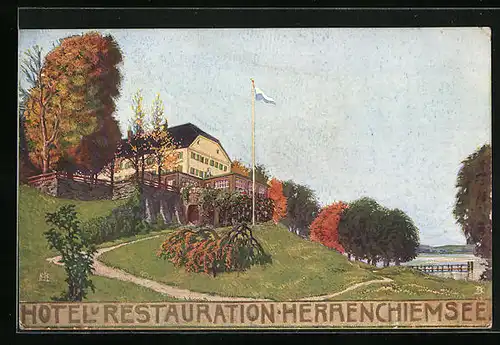 AK Herrenchiemsee, Schlosshotel und Restauration mit Park