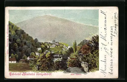 AK Miskolcz, Ortsansicht mit Bergpanorama