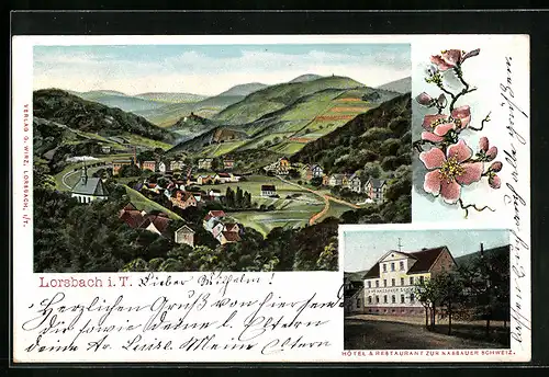 AK Lorsbach i. T., Ortsansicht aus der Vogelschau mit Hôtel & Restaurant Zur Nassauer Schweiz