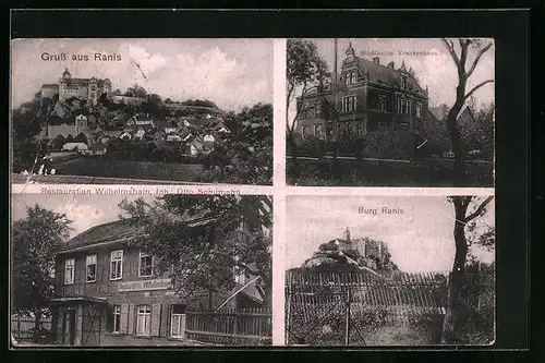 AK Ranis, Burg, Städtisches Krankenhaus, Restauration Wilhelmshain, Inh.: Otto Schumann