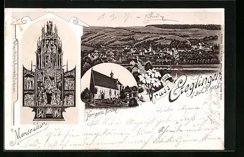Lithographie Creglingen, Ortsansicht, Herrgotts-Kirche und Marienaltar