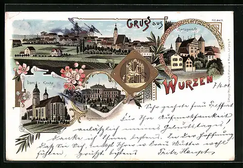 Lithographie Wurzen, Ortsansicht, Amtsgericht, Dom-Kirche