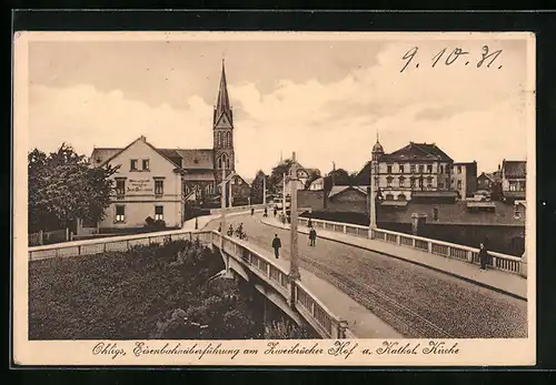 AK Ohligs, Eisenbahnüberführung am Zweibrücker Hof und Katholische Kirche