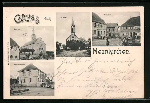 AK Neunkirchen / Baden, Ortsansicht mit Kath. und Ev. Kirche