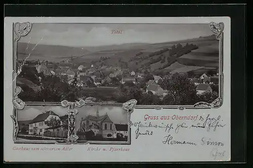 AK Oberndorf / Jossgrund, Gasthaus zum schwarzen Adler, Kirche und Pfarrhaus, Totalansicht