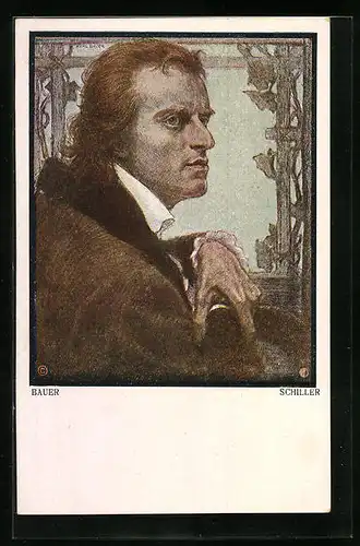 Künstler-AK Portrait Friedrich Schiller vor einem Spalier