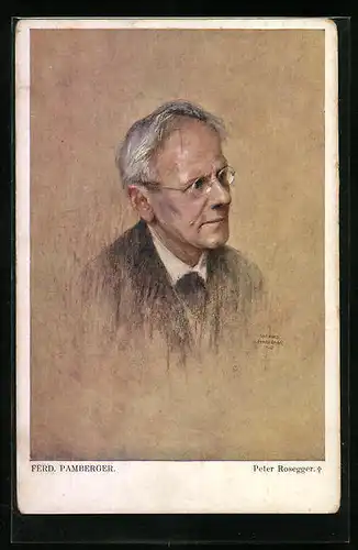 Künstler-AK Portrait Peter Rosegger bartlos und mit Brille