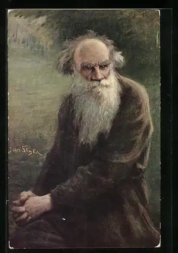 Künstler-AK Leo Tolstoi sitzend in einem Garten