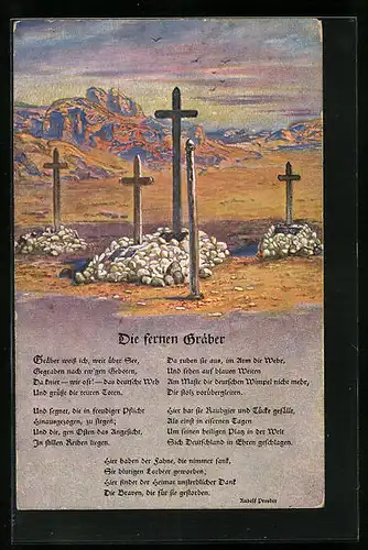 Künstler-AK Kriegsgräber in einer kargen Landschaft, Gedicht