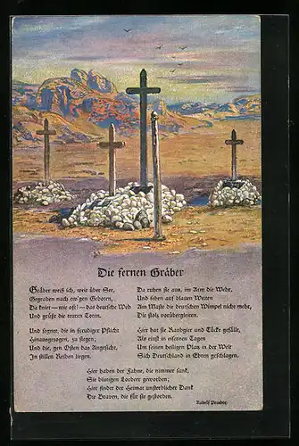 Künstler-AK Kriegsgräber in einer felsigen Landschaft, Gedicht