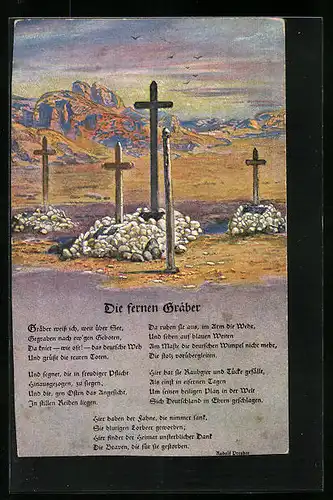 Künstler-AK Kriegsgräber mit Kreuzen in einer Felsenlandschaft, Gedicht
