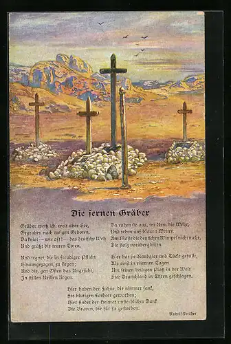 Künstler-AK Kriegsgräber mit Kreuzen in einer kahlen Landschaft, Gedicht
